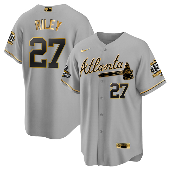Men's Atlanta Braves #27 Austin Riley 2021 Grey/Gold World Series Champions With 150th Anniversary Patch Cool Base Stitched Jersey Men's Atlanta Braves #27 Austin Riley 2021 Grey/Gold World Series Champions With 150th Anniversary Patch Cool Base Stitched Jersey